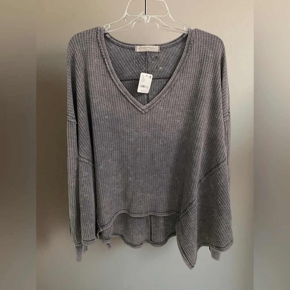 Free People We The Free Coraline Thermal Waffle Knit Top Gray Size Large NWT